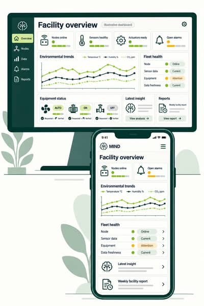 Illustrative MIND AIoT dashboard on a computer and a phone: facility overview with environmental trends, fleet health, latest insight and reports.