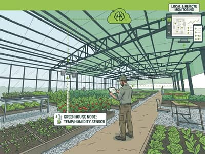 Illustration of a commercial greenhouse with growing crops, a greenhouse node and a temperature and humidity sensor, monitored locally and remotely.