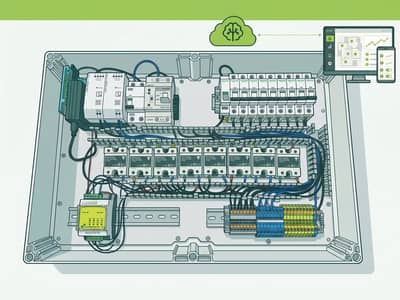 Illustration of an open control cabinet with a controller, circuit breakers, relays and terminal blocks, connected to a monitoring dashboard.