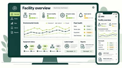 Illustrative MIND AIoT dashboard on a computer and a phone: facility overview with environmental trends, equipment status, fleet health, latest insight and a weekly report.