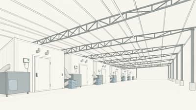 Line illustration of a facility interior with insulated room modules along a service corridor.
