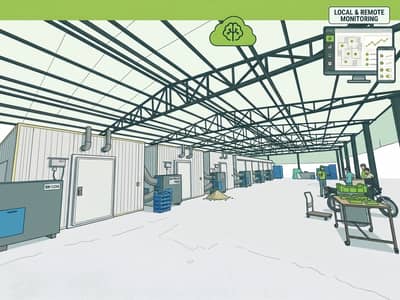 Illustration of production rooms in an industrial facility, with ventilation and control equipment connected to local and remote monitoring.