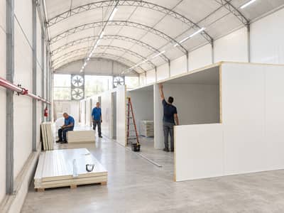 Workers assembling insulated room modules inside a large facility hall.