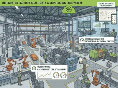 Illustration of a factory floor with machines and robots, a factory node collecting machine data, and an integrated monitoring and control centre.